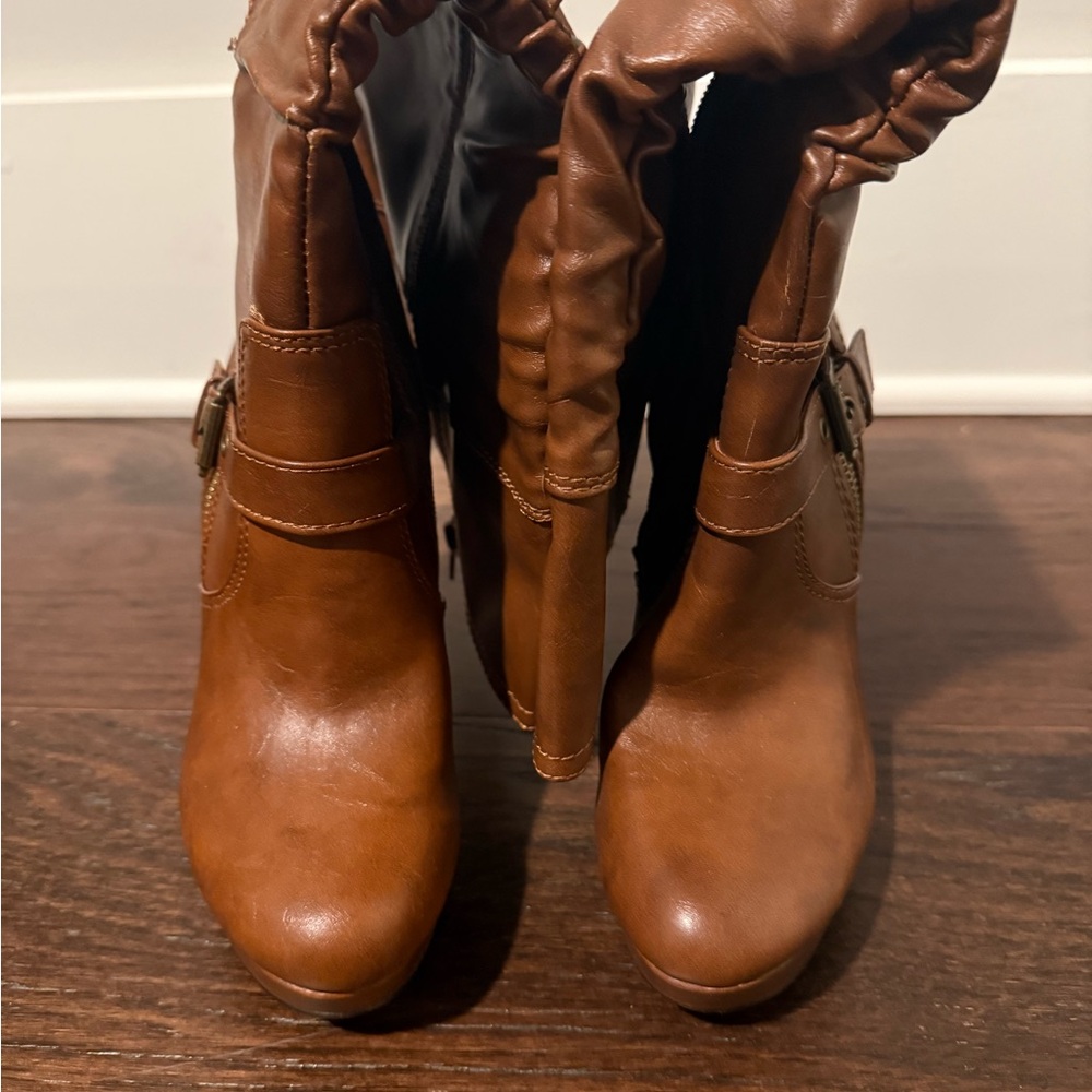 G by GUESS Women's Wide Calf Tall Boots, Drea Platform,  Cognac 6.5 Wide Calf